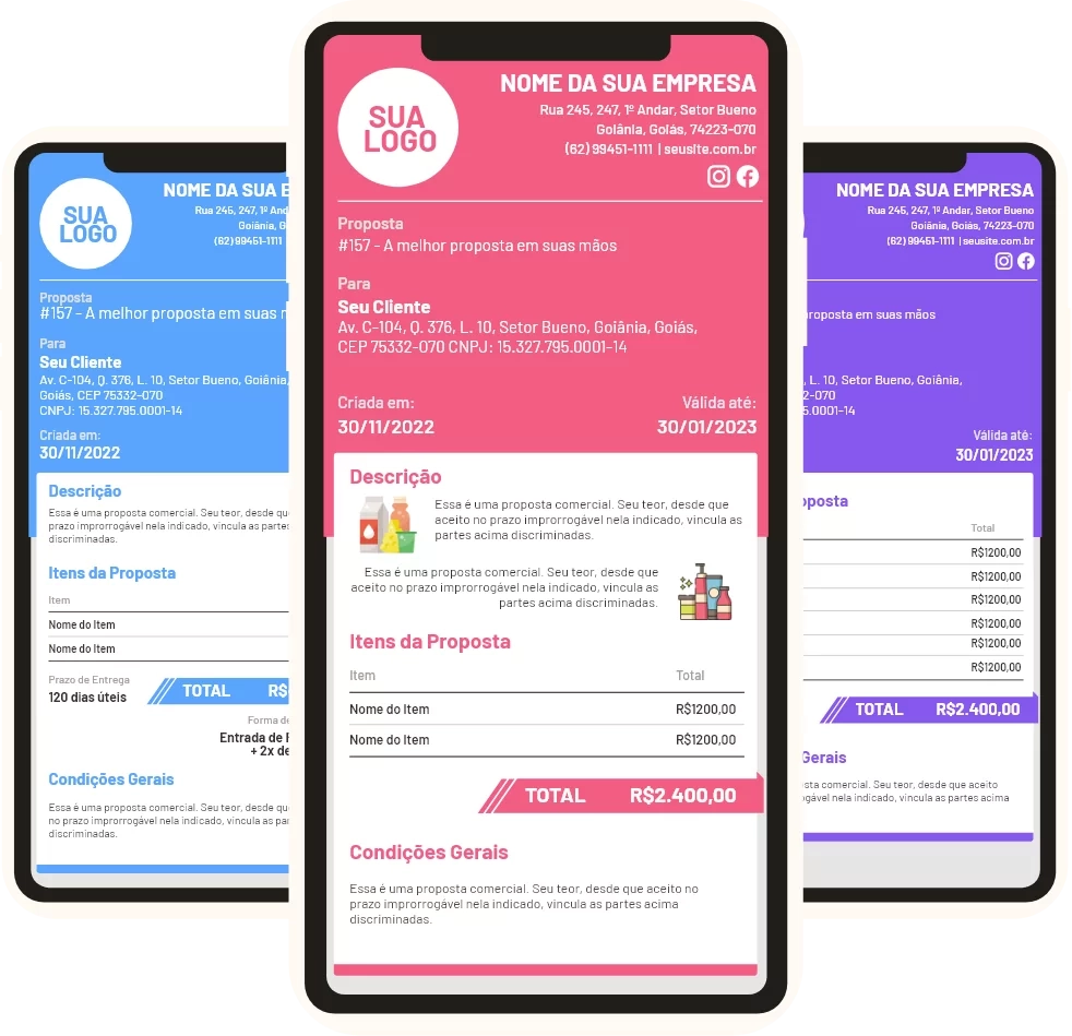 Três propostas comerciais da Orca App abertas no celular, personalizadas com cores diferentes